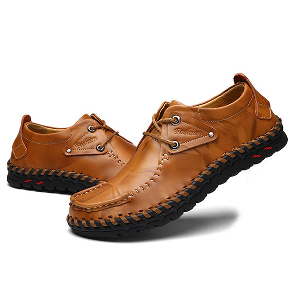 Men Cow Leather Hand Stitching Soft Sole Casual Shoes
