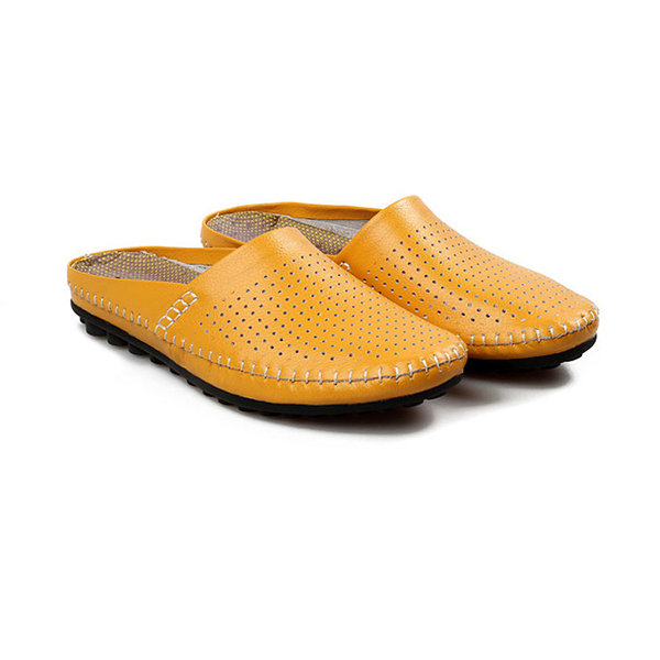 Men Hollow Out Cow Hide Beach Shoes Casual Backless Loafers